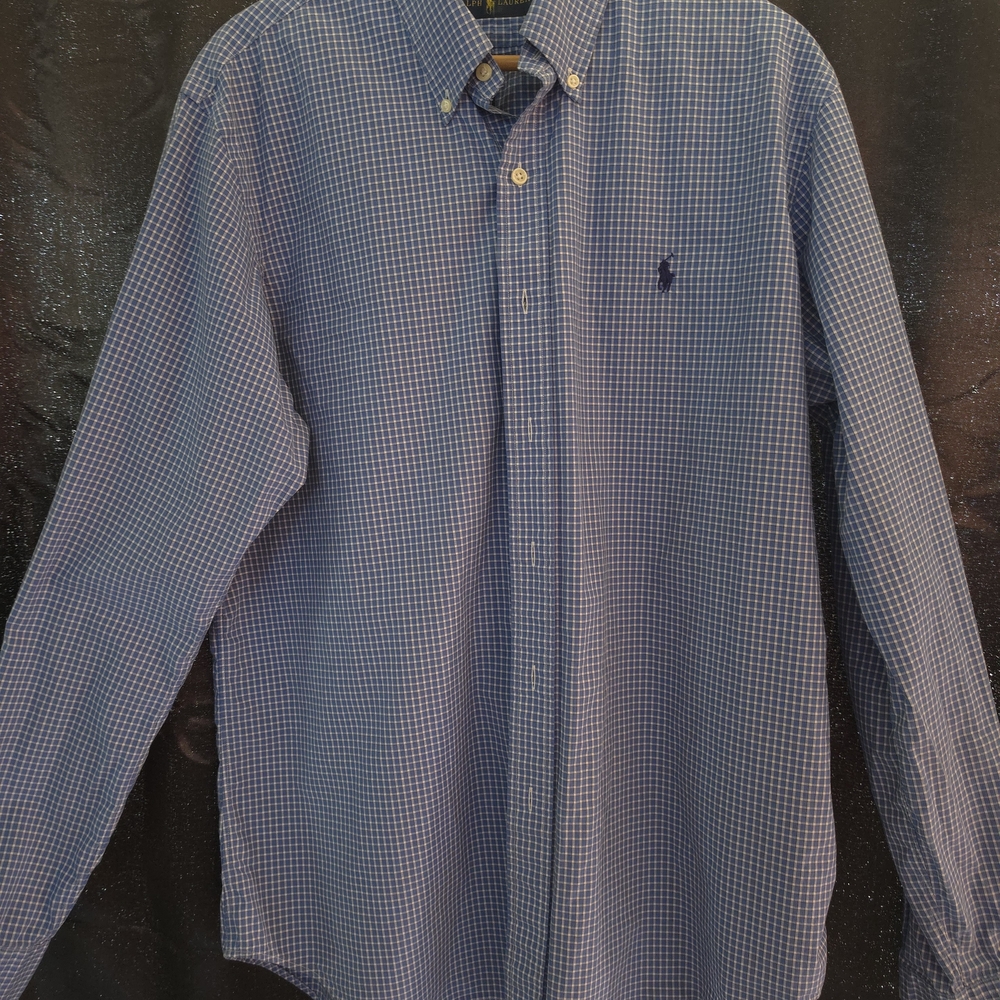 Ralph Lauren Easy Care Blue Check Button Down Shirt Mens L Cotton Logo Preppy